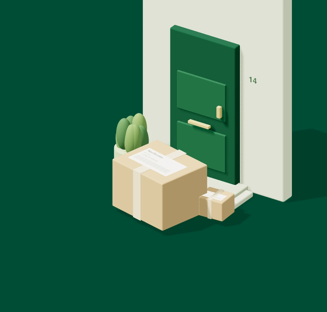 Illustrated parcel with a NavRoutes sample label beside a green front door