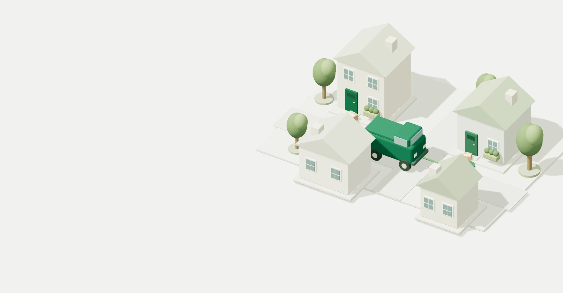 Illustrated neighbourhood with a green delivery van, parcels and a route connecting the doors